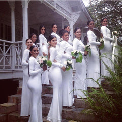 White Jersey Long Sleeves Mermaid Backless Bridesmaid Dresses