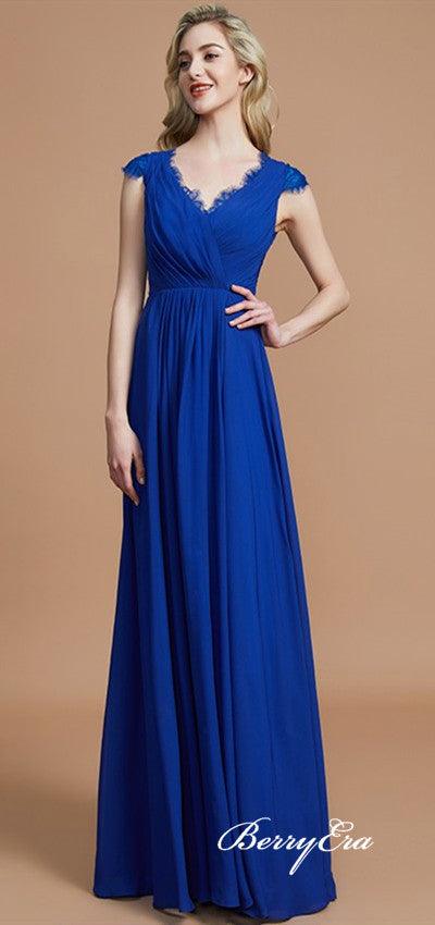 V-neck Cap Sleeves Royal Blue Chiffon Lace Bridesmaid Dresses - RongMoon
