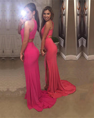 Long Jersey Backless Mermaid Prom Dresses Leg Slit