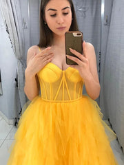 Sweetheart Puffy Yellow Tulle Long See Through Prom Dress