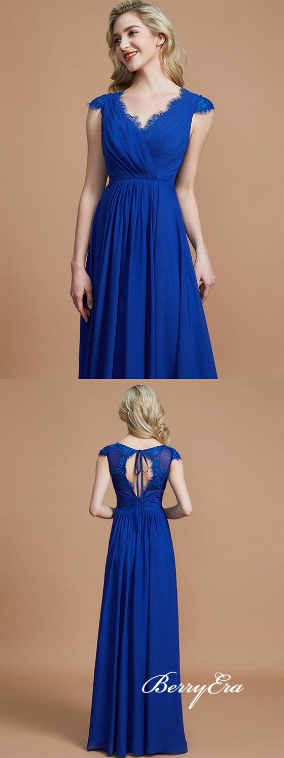V-neck Cap Sleeves Royal Blue Chiffon Lace Bridesmaid Dresses - RongMoon