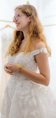 Vintage Off-shoulder Lace Tulle A-line Long Wedding Dresses.DB10637