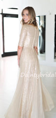 Charming 1/2 Sleeve Scoop Neck Sequin Long Prom Dresses Evening Dresses.DB10502