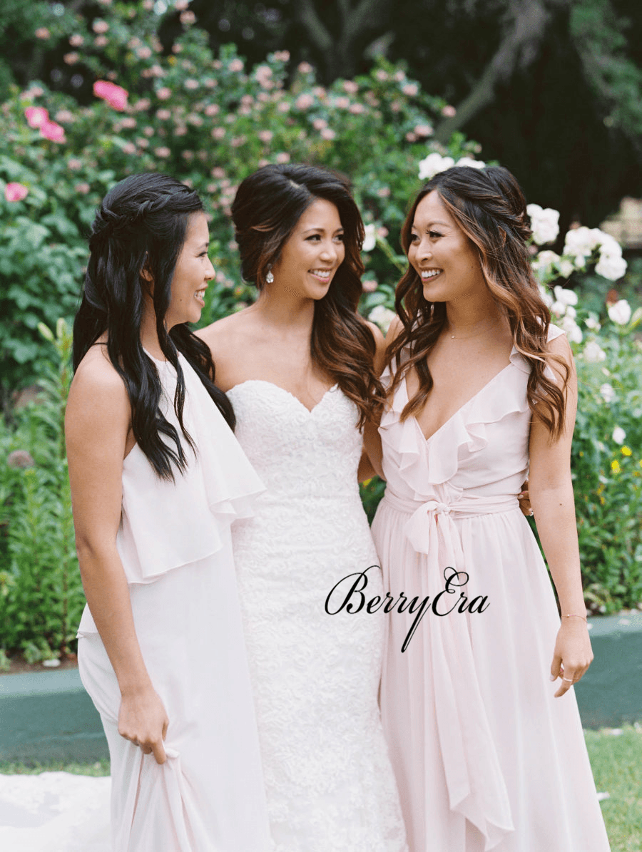 Mismatched Light Blush Pink Chiffon Long Bridesmaid Dresses - RongMoon