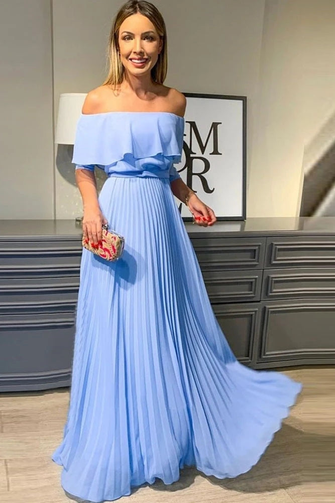 Chiffon Blue Pleats Off The Shoulder A Line Prom Dress