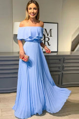 Chiffon Blue Pleats Off The Shoulder A Line Prom Dress