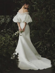 Puffy Sleeve Satin Off The Shoulder Trumpet MermaidWedding Dress
