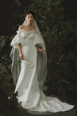 Puffy Sleeve Satin Off The Shoulder Trumpet MermaidWedding Dress