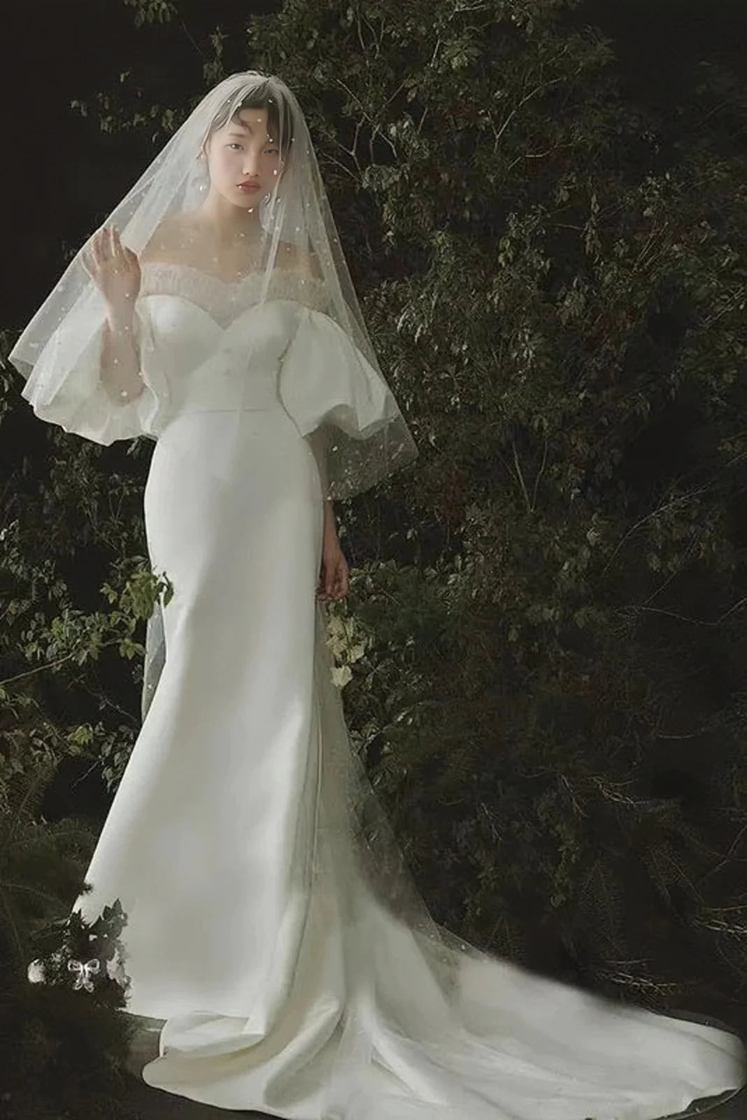 Puffy Sleeve Satin Off The Shoulder Trumpet MermaidWedding Dress