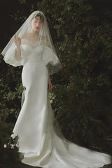 Puffy Sleeve Satin Off The Shoulder Trumpet MermaidWedding Dress