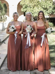 Side Slit Wedding Bridesmaid Dresses, Spaghetti Straps Bridal Party Dresses, Long Prom Dresses - RongMoon