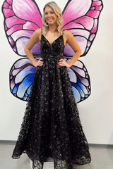 V Neck Black Lace sparkle A Line Long Prom Dress