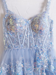 Blue Lace Ruffles Off the Shoulder Corset Prom Dress