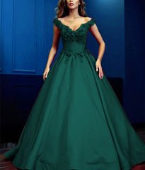 Lace Flowers Beaded V-neck Satin Prom Dresses Ball Gown Off Shoulder