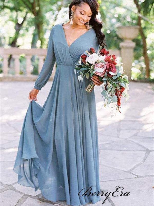Long Sleeves V-neck Bridesmaid Dresses, Chiffon A-line Bridesmaid Dresses - RongMoon