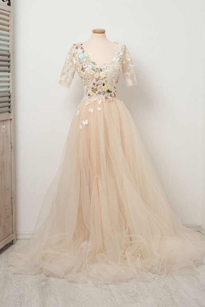 Appliques Tulle Lace Light Champagne Long Prom Dress