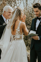 Appliques See Through V Neck A line Tulle Sexy Long Wedding Dress