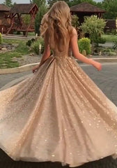 Round Neck Gold Open Back Champagne Sequins Prom Dress