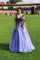 Purple tulle lace long prom dress purple lace evening dress - RongMoon