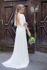 Square Neck Chiffon A Line Cap Sleeve Beach Wedding Dress