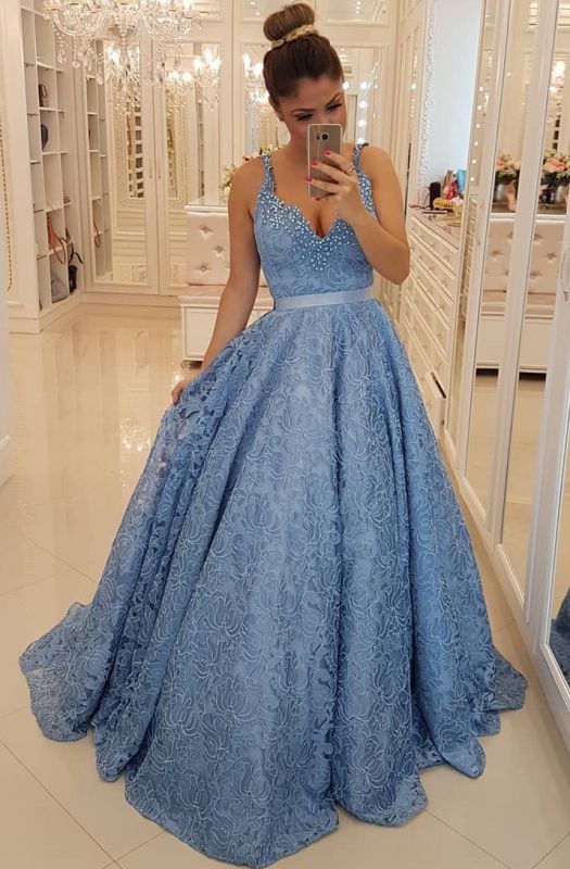 Long Blue Beading Straps V-neck Lace Cheap Prom Dress