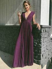 Chiffon Pleats Floor Length V Neck Grape Prom Dress