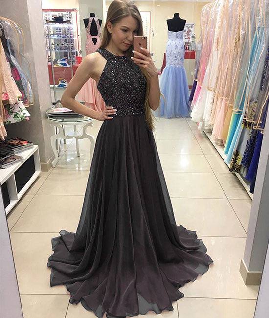 Deep gray chiffon long prom dress, deep gray evening dress - RongMoon