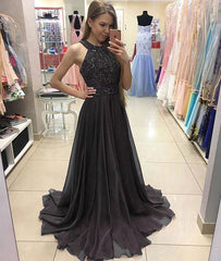 Deep gray chiffon long prom dress, deep gray evening dress - RongMoon