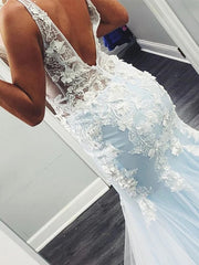 Light Blue V-neck Mermaid Appliques Backless Prom Dress