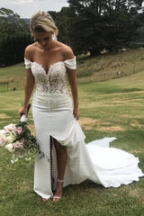 Appliques Sexy White Mermaid Satin Off the Shoulder Wedding Dress