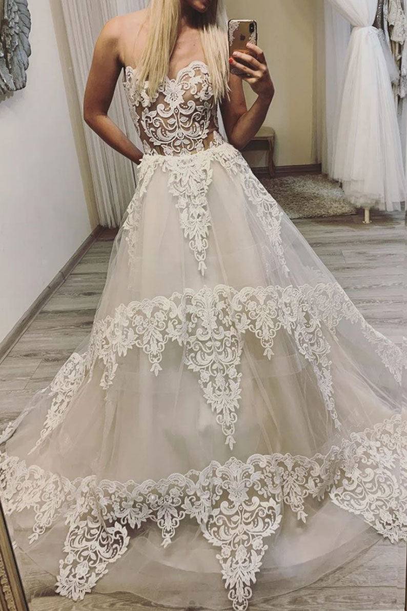 light champagne tulle lace long prom dress lace evening dress - RongMoon