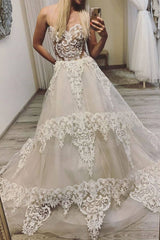 light champagne tulle lace long prom dress lace evening dress - RongMoon