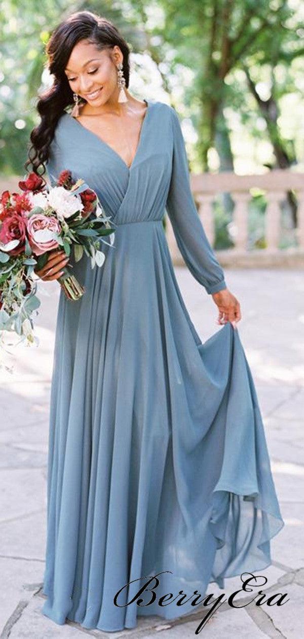 Long Sleeves V-neck Bridesmaid Dresses, Chiffon A-line Bridesmaid Dresses - RongMoon