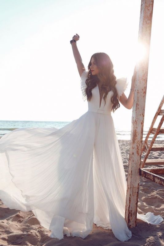 Short Sleeve Floor Length A-line Chiffon V-neck Sexy Tulle Cheap Wedding Dress