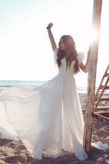 Short Sleeve Floor Length A-line Chiffon V-neck Sexy Tulle Cheap Wedding Dress
