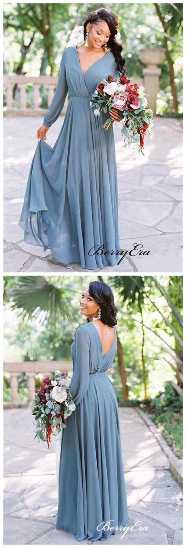 Long Sleeves V-neck Bridesmaid Dresses, Chiffon A-line Bridesmaid Dresses - RongMoon