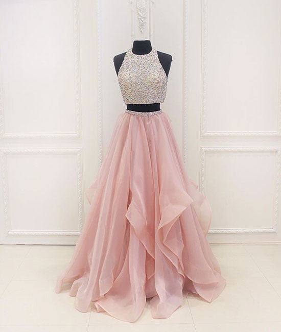 Unique two pieces sequin pink long prom dress, evening dress - RongMoon