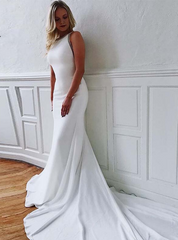 Mermaid Beading Satin Open Back White Wedding Dress