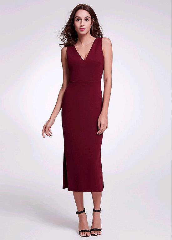 V-neck Burgundy Tea-length Sheath/Column Evening Dress