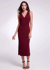 V-neck Burgundy Tea-length Sheath/Column Evening Dress