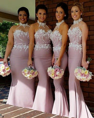 Stunning Flowers Beaded Lace Embroidery Mermaid Halter Bridesmaid Dress