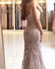 Elegant Mermaid V-neck Evening Gowns Floor Length Lace Prom Dresses