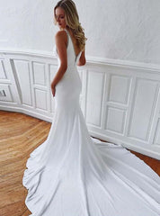 Mermaid Beading Satin Open Back White Wedding Dress