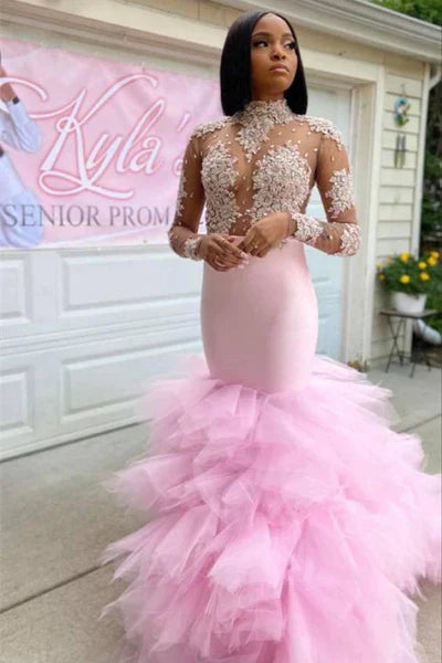 Long Sleeve Mermaid See Through Pink High Neck Prom Dress