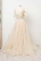 Appliques Tulle Lace Light Champagne Long Prom Dress