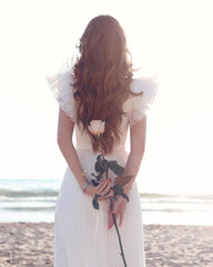 Short Sleeve Floor Length A-line Chiffon V-neck Sexy Tulle Cheap Wedding Dress