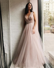 Long Beading Pink Tulle V-Neck Beading Pleats Prom Dress
