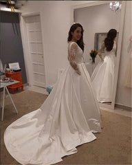 White Satin Lace O-Neck Button Back Sweep Train Long Sleeve Wedding Dress