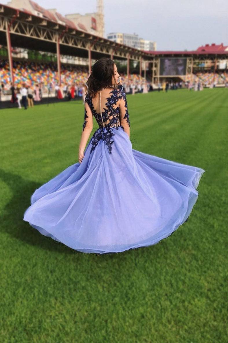 Purple tulle lace long prom dress purple lace evening dress - RongMoon