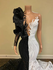 Black Sequin Trumpet Mermaid Long Sleeve Prom Dress